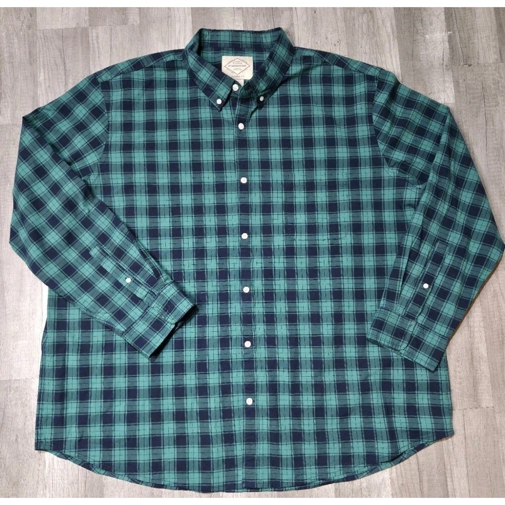 St Johns Bay Shirt Mens XXL Green Plaid Long Sleeve Button Down